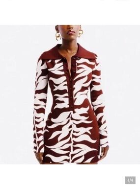 Hanifa Burgundy and White Long-Sleeve Knit Mini Dress